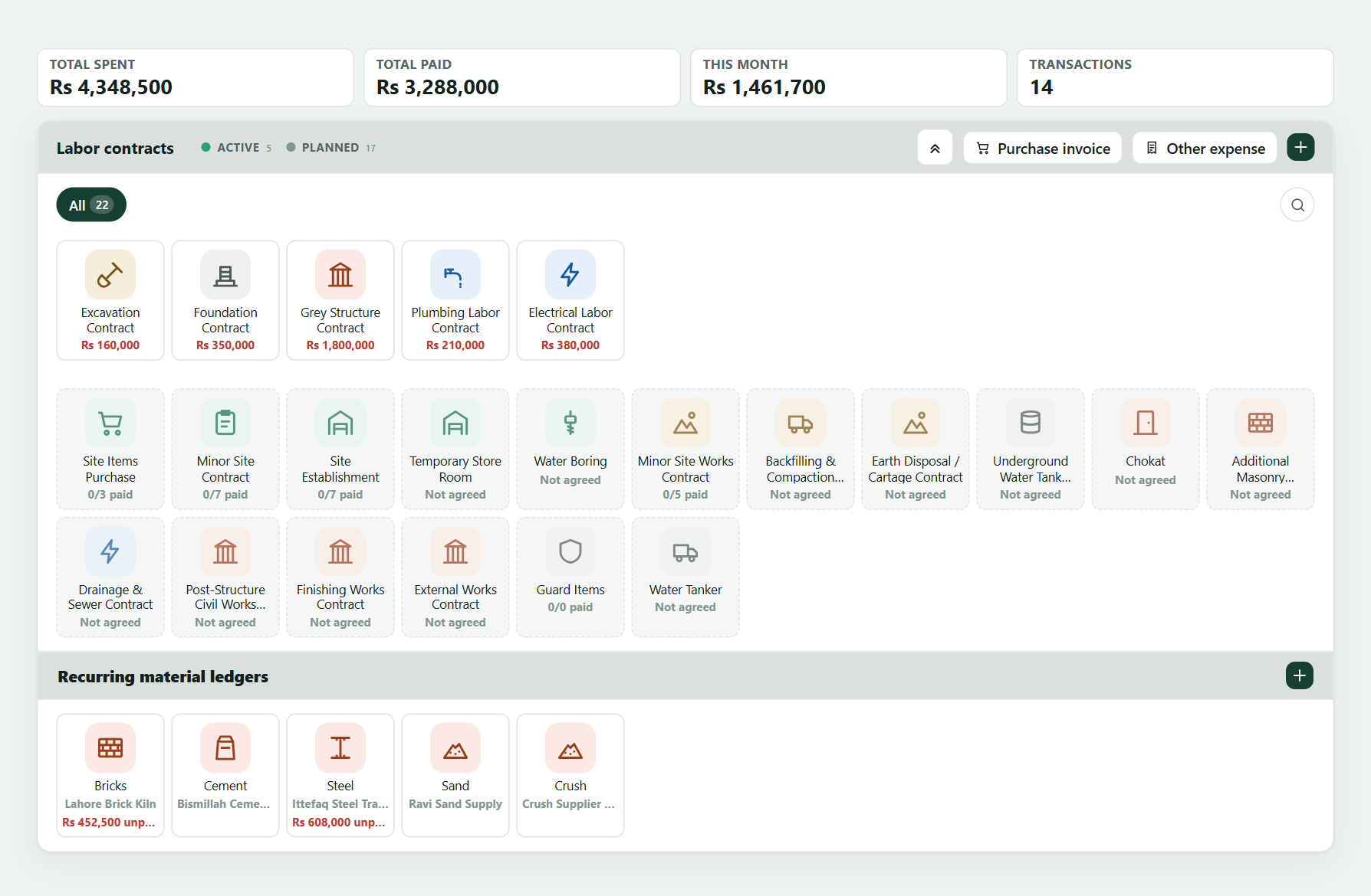 Project Khata home screen with contract tiles