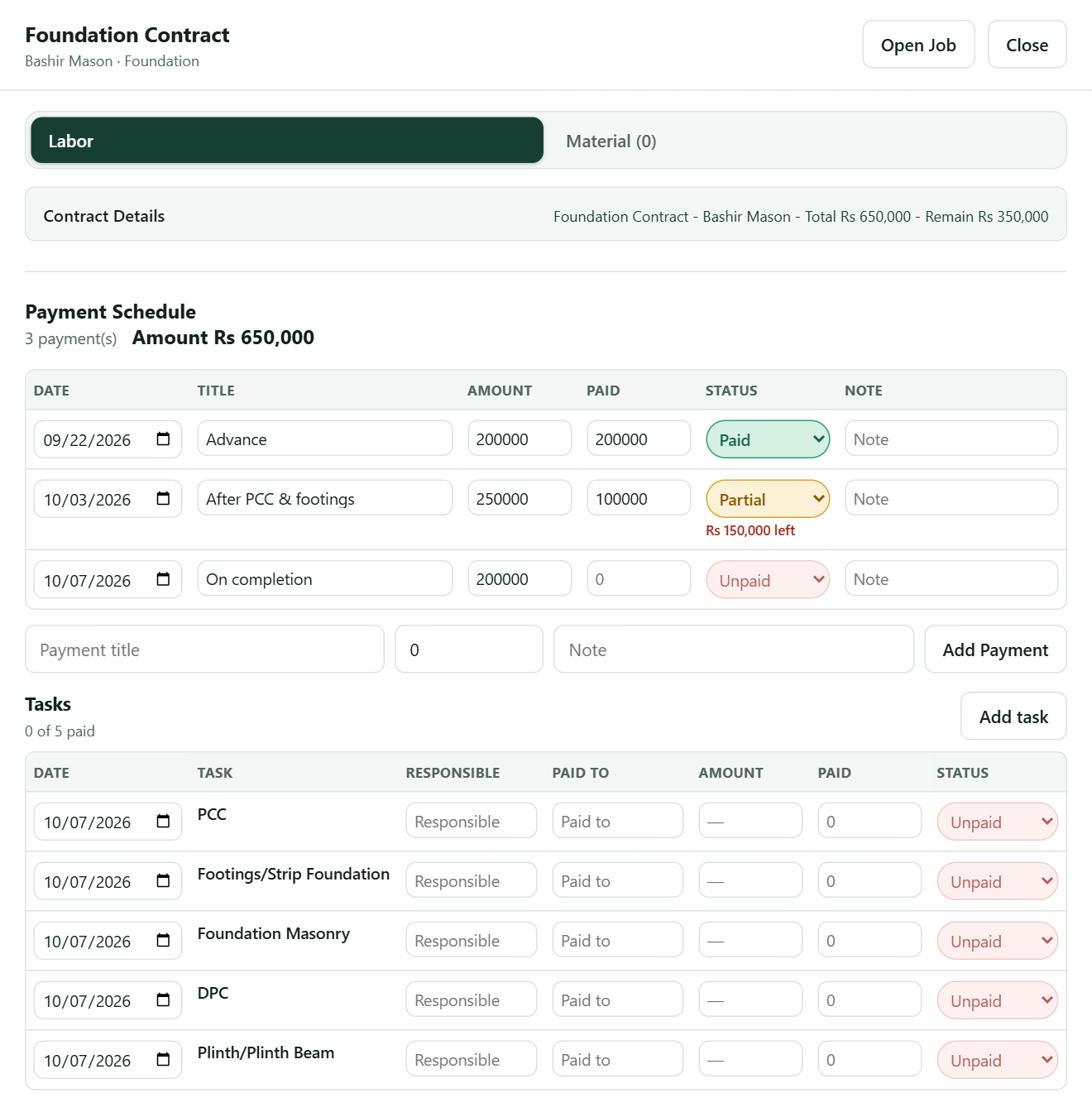 Contract payment schedule
